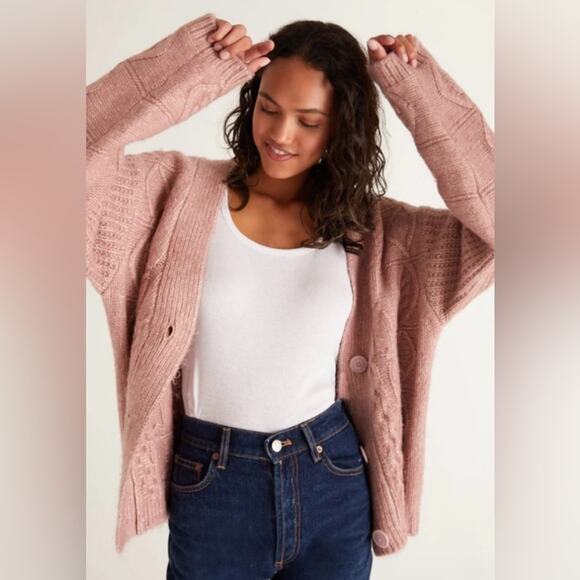 Z Supply Ryleigh Cable Knit Cardigan Dusty Rose Pink Sweater Size Small - Picture 3 of 10